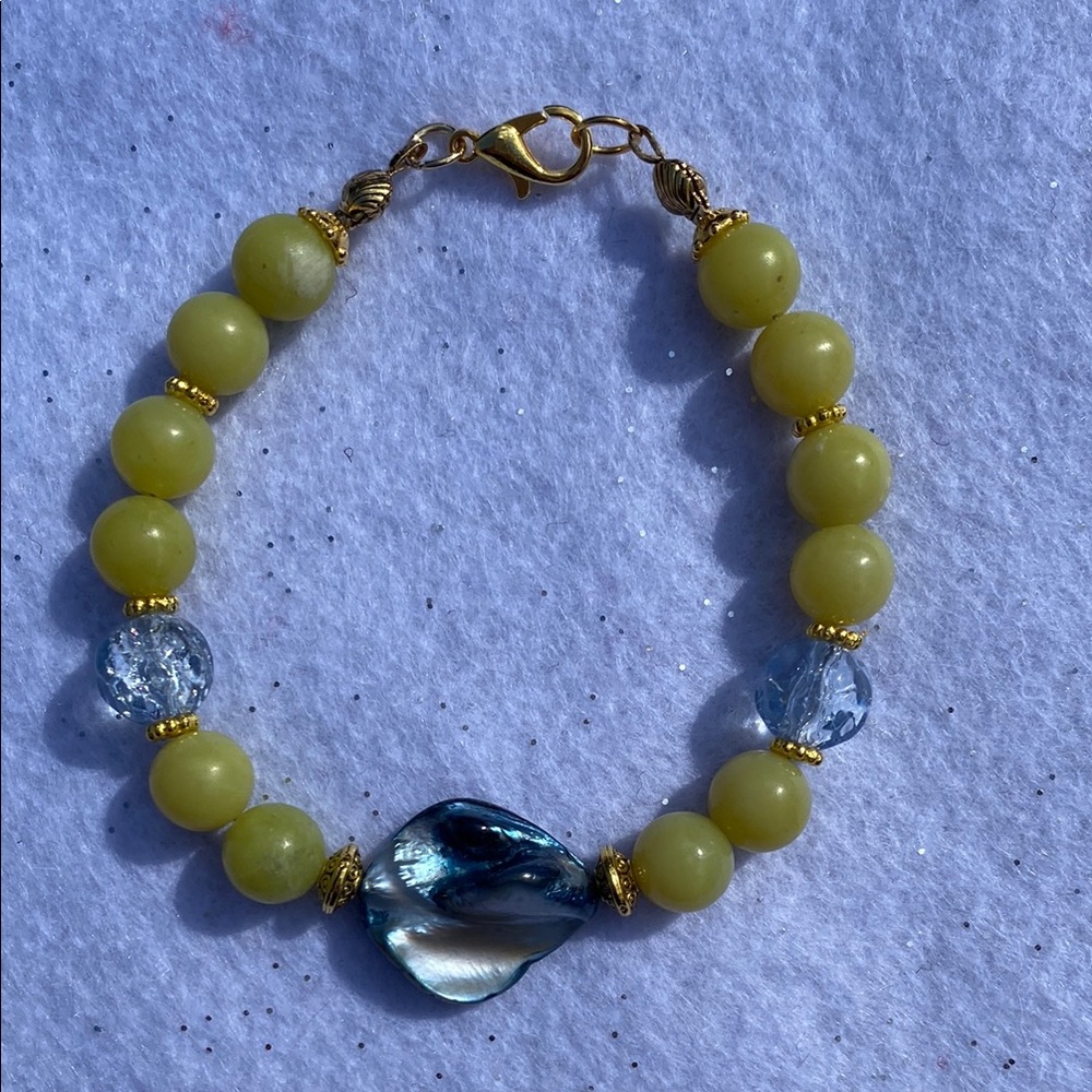 Handmade Lemon Jade, Blue Shell Center Piece Bracelet with Vintage Spacers